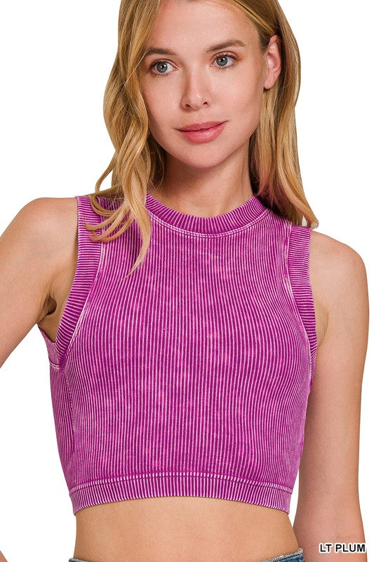 Stone Washed Ribbed Seamless Crop Tank Top Zenana