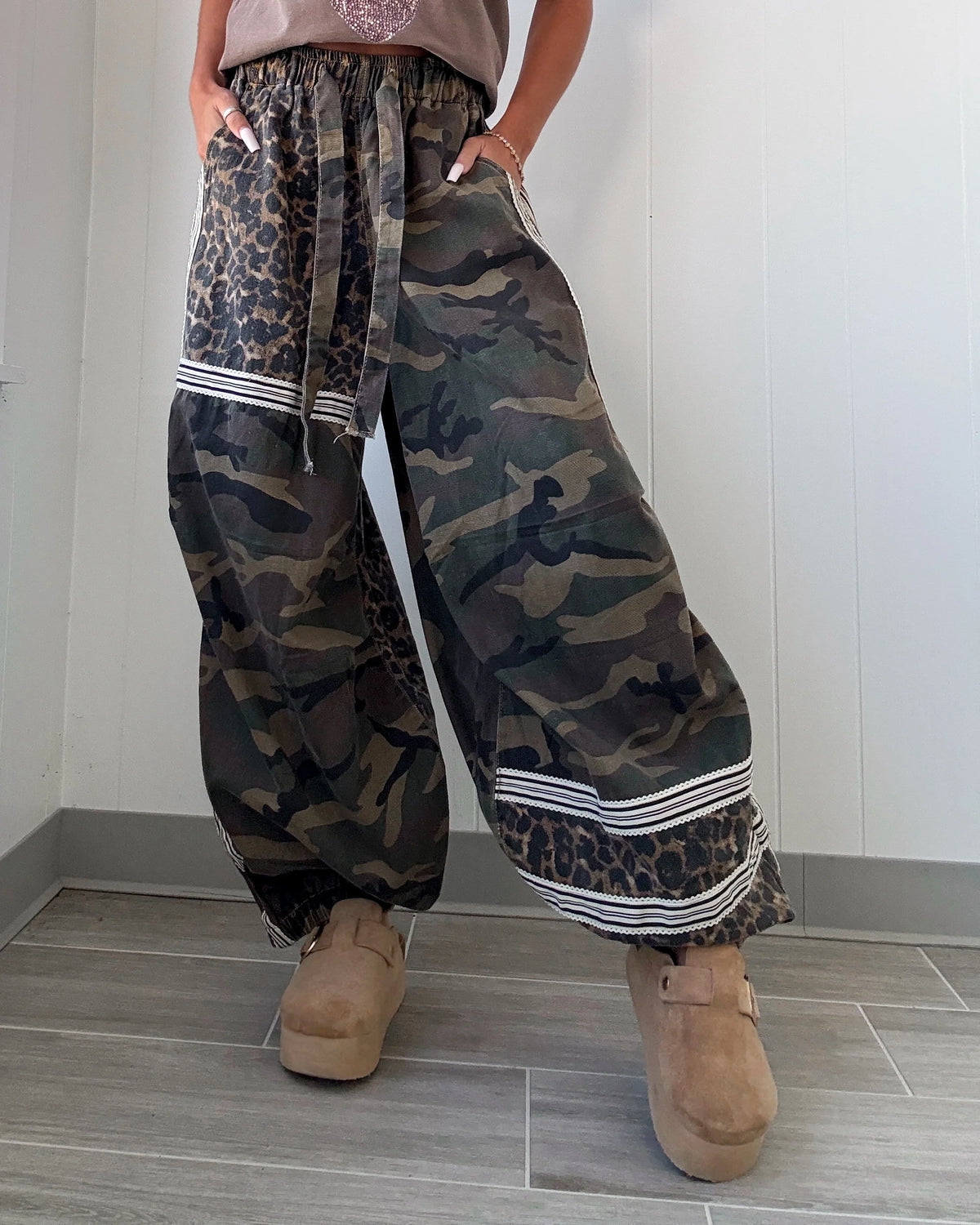 Printed Woven Contrast Band Trim Jogger Pants by POL