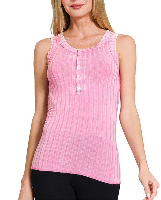 Washed Ribbed Scoop Neck Henry Tank Buttery Soft Top Zenana