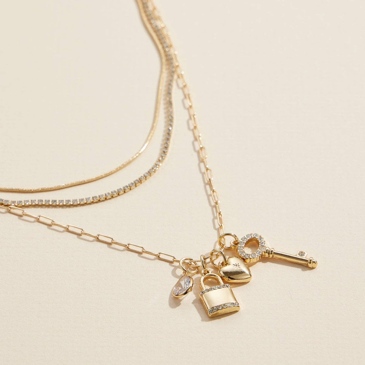 Layered Necklace with Lock Key Heart Charms (Gold)