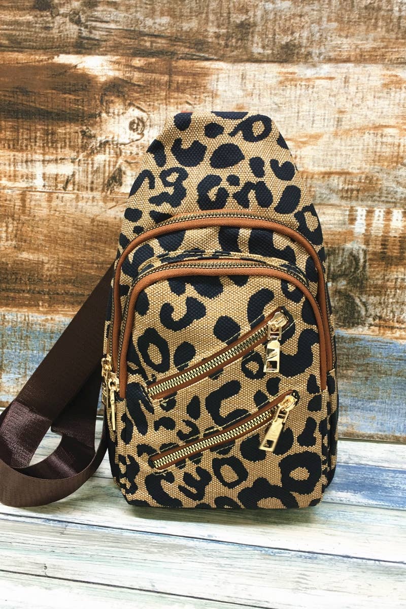 Brown Leopard Double Zipper Crossbody Sling Bag Desheng Enterprise