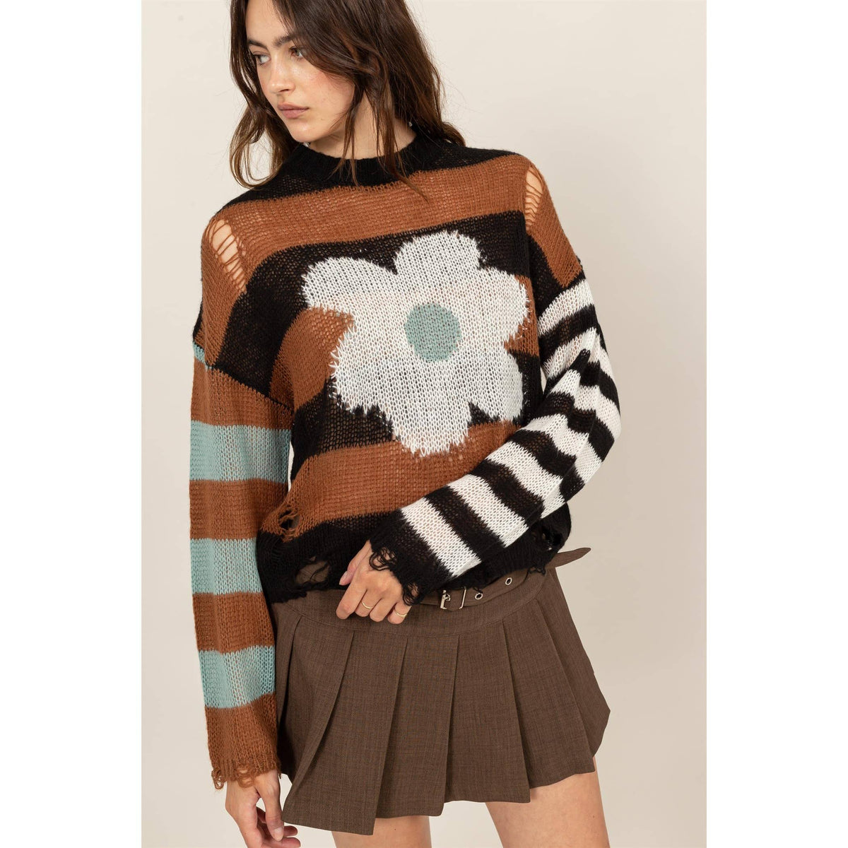 Long Sleeve Floral Stripe Sweater