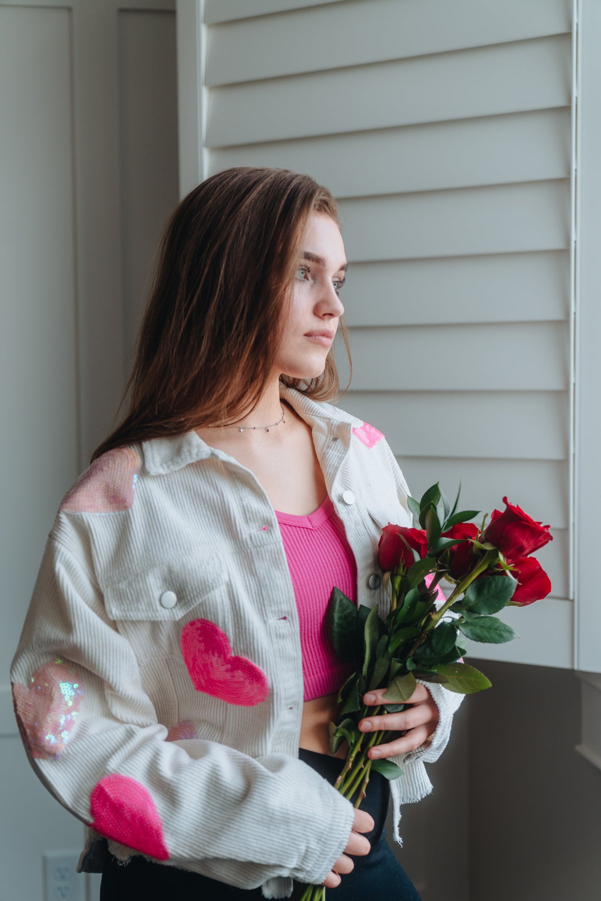Love Sequins with Loose Corduroy Fleece Jacket White