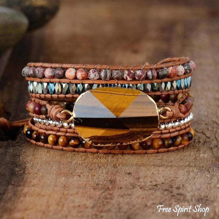 Natural Tiger Eye and Jasper Beaded Wrap Bracelet