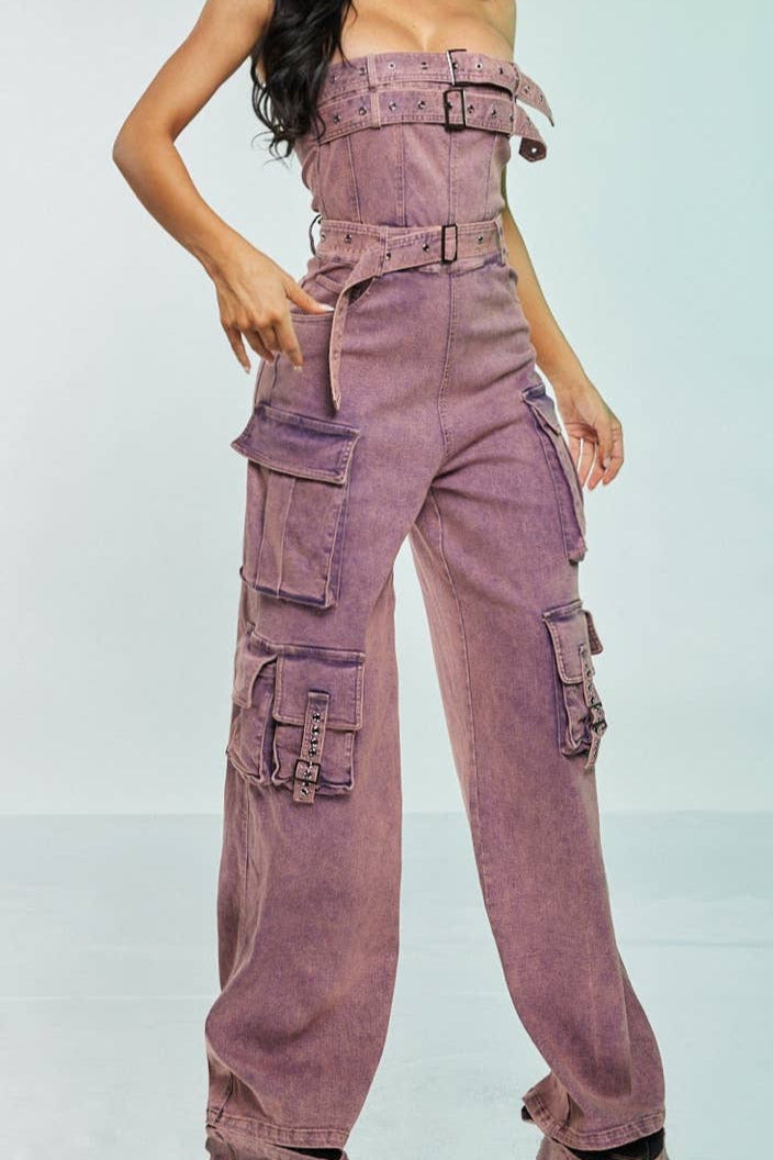 Pink Acid-Wash Cargo Jumpsuit Spandex