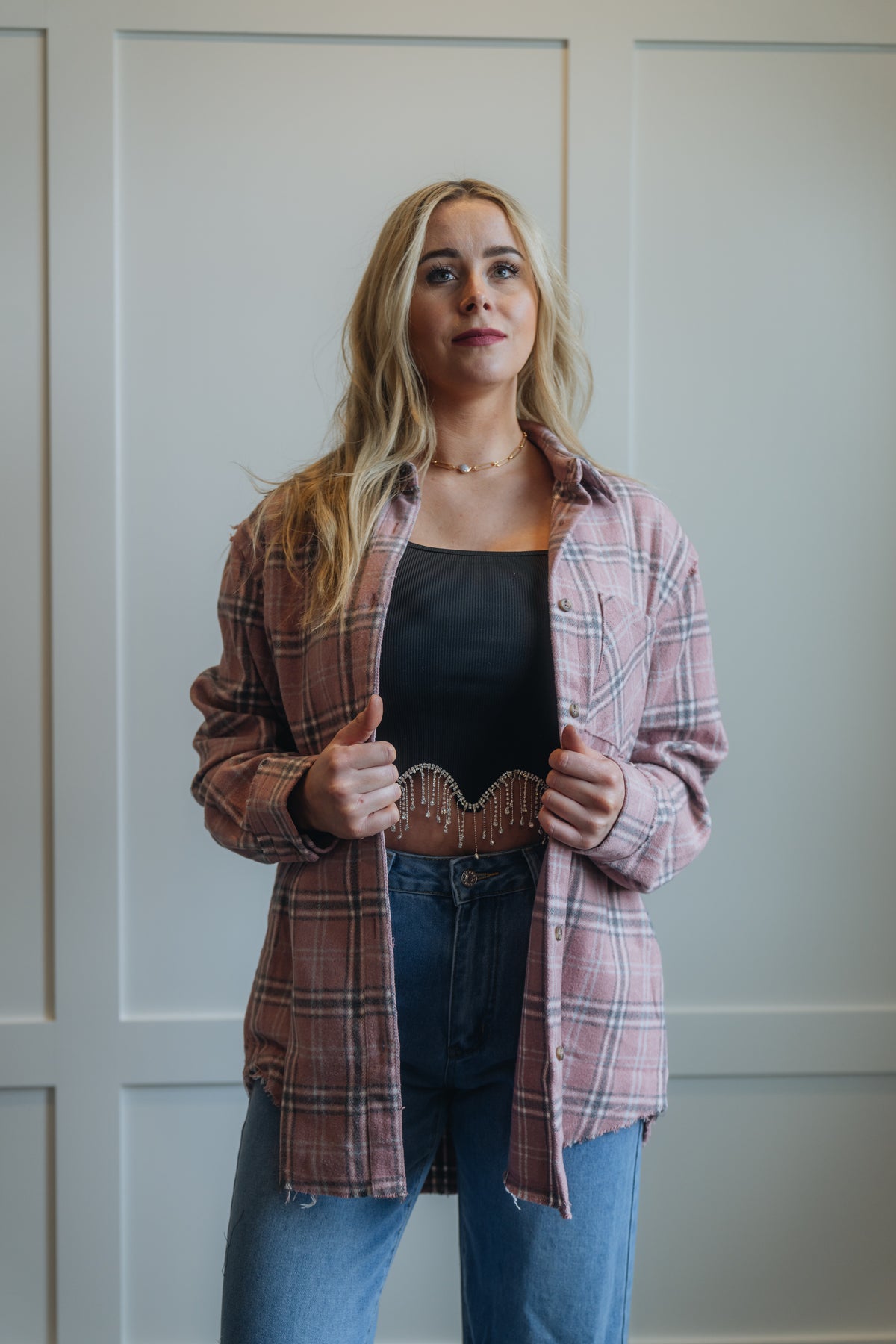 Button Down Fall Winter Plaid Shacket La Miel (Pink)