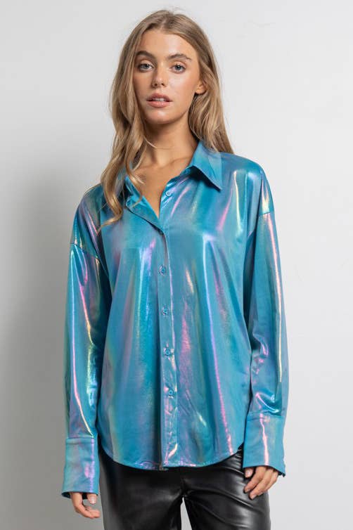 Rainbow Button Up Long Sleeve Blouse Shirt by KIWI