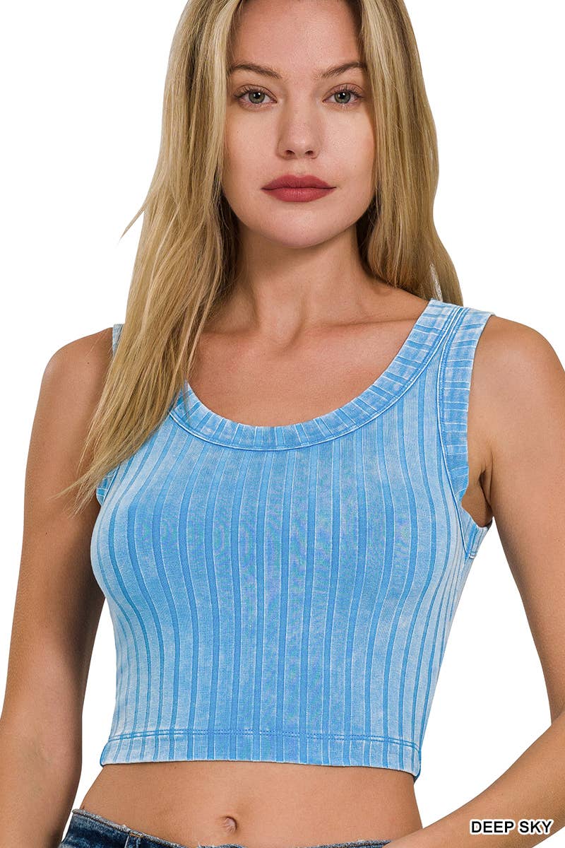Ribbed Sleeveless Scoop Neck Cropped Tank Buttery Soft Top Zenana (Deep Sky)