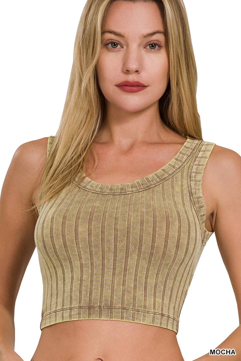 Ribbed Sleeveless Scoop Neck Cropped Tank Buttery Soft Top Zenana (Mocha)