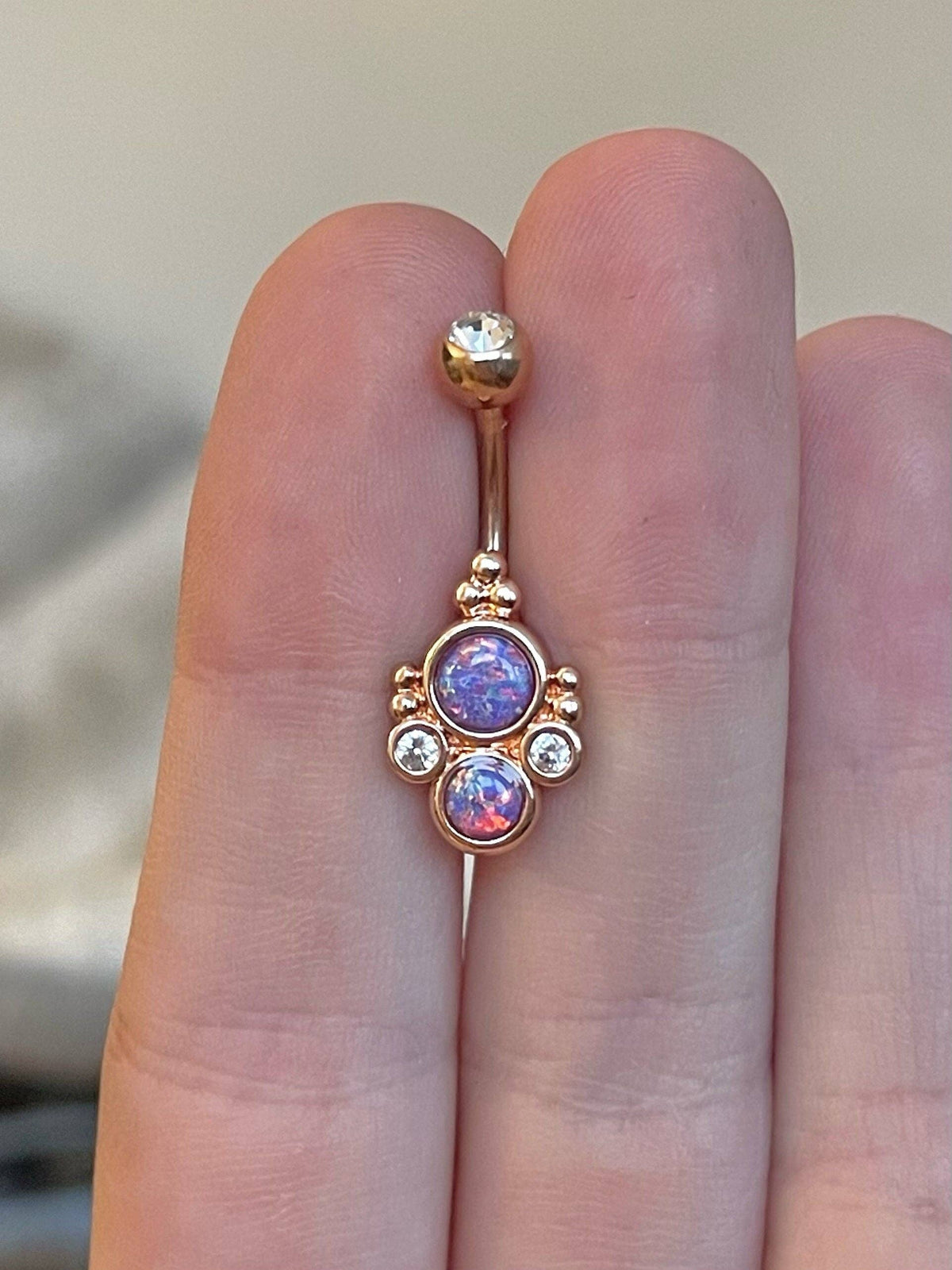 Gold Opal Belly Button Piercing 14G 10mm Surgical Steel (Rose Gold & Purple Opal)