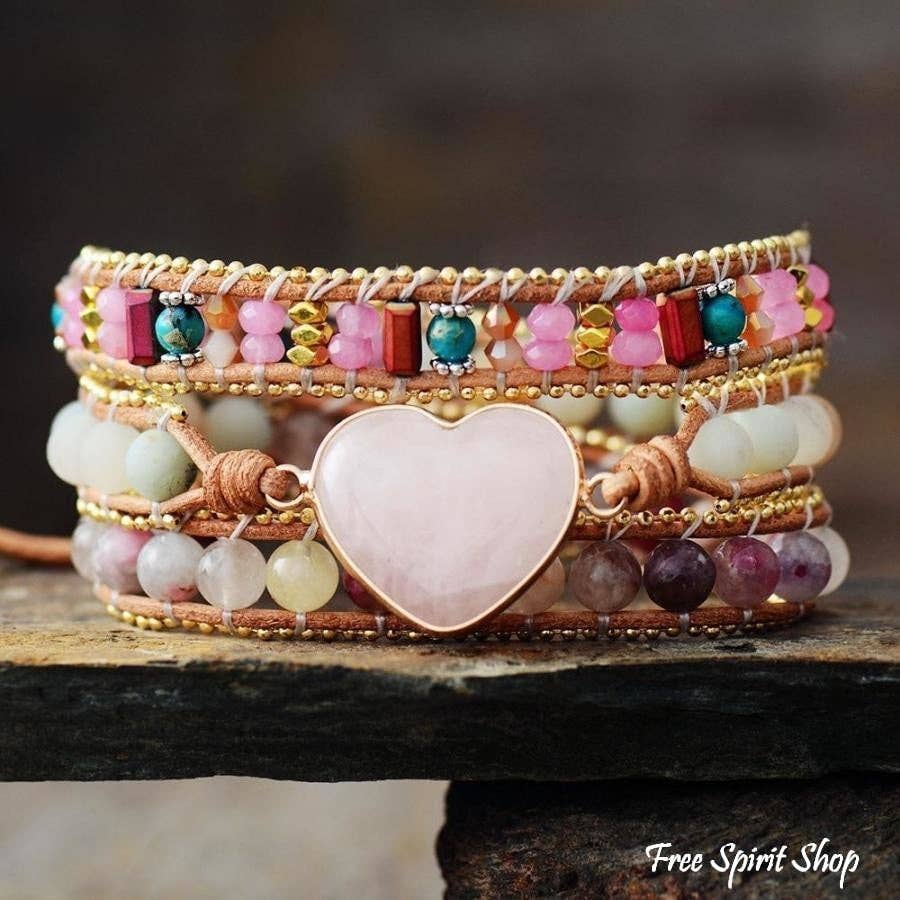 Rose Quartz Heart Amazonite Wrap bracelet
