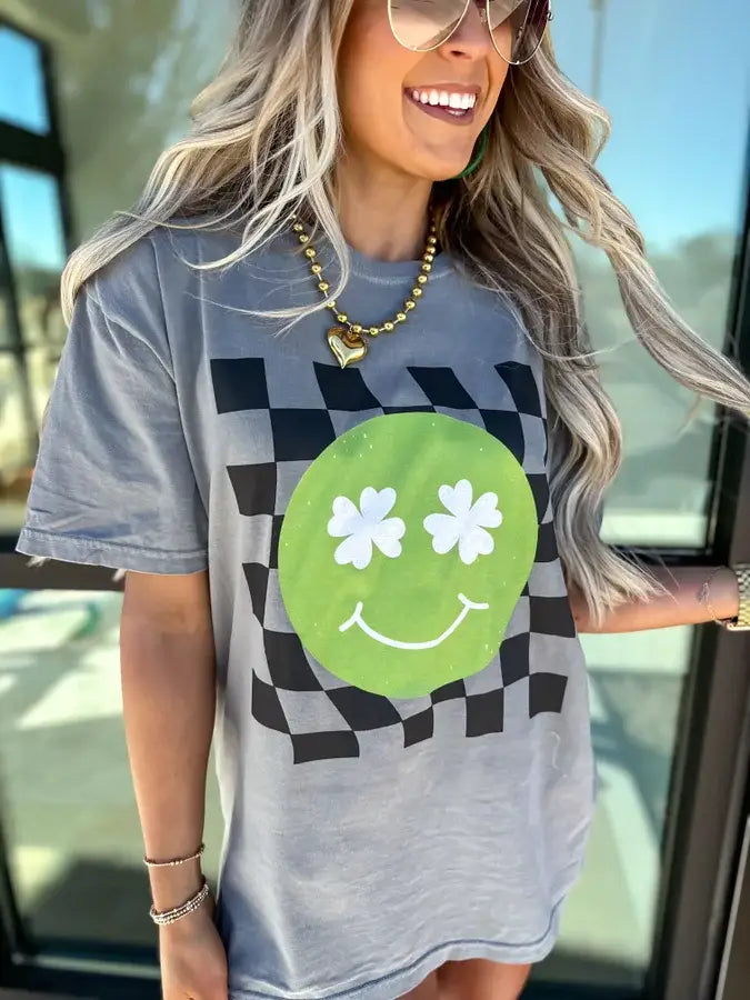 Shamrock Smiley Gray Graphic Tee
