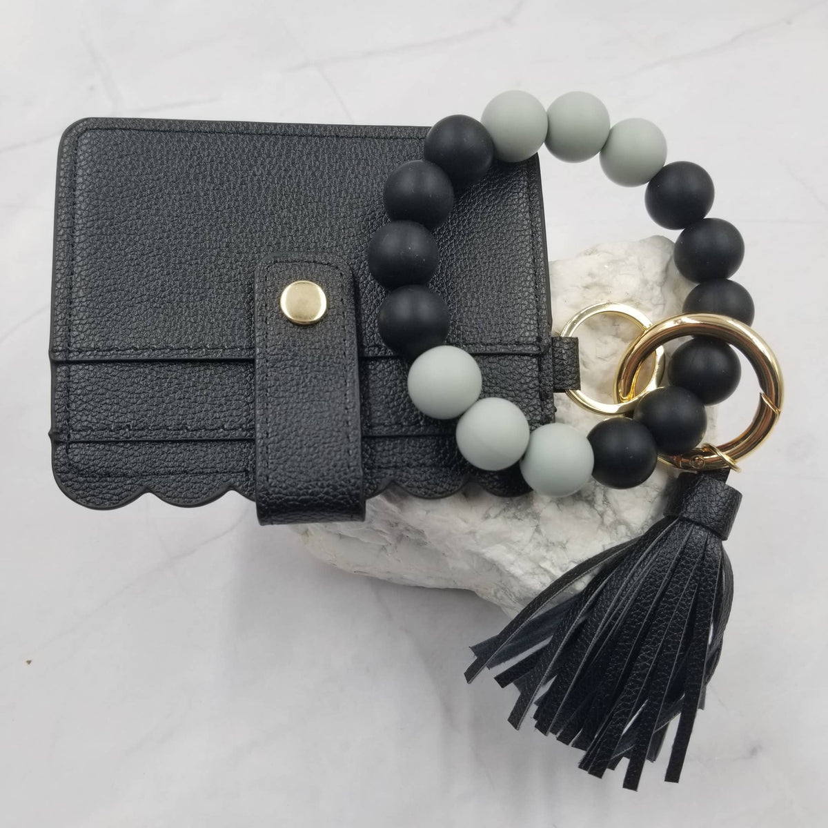 Silicone Bead Bangle Keychain Bracelet Card Holder (Black)