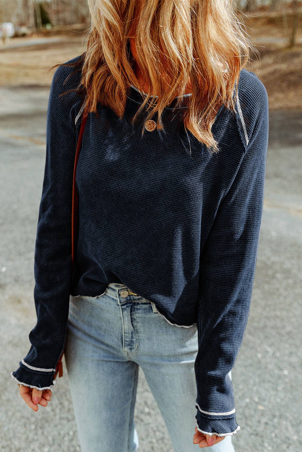 Textured Round Neck Long Sleeve Top (Blue)