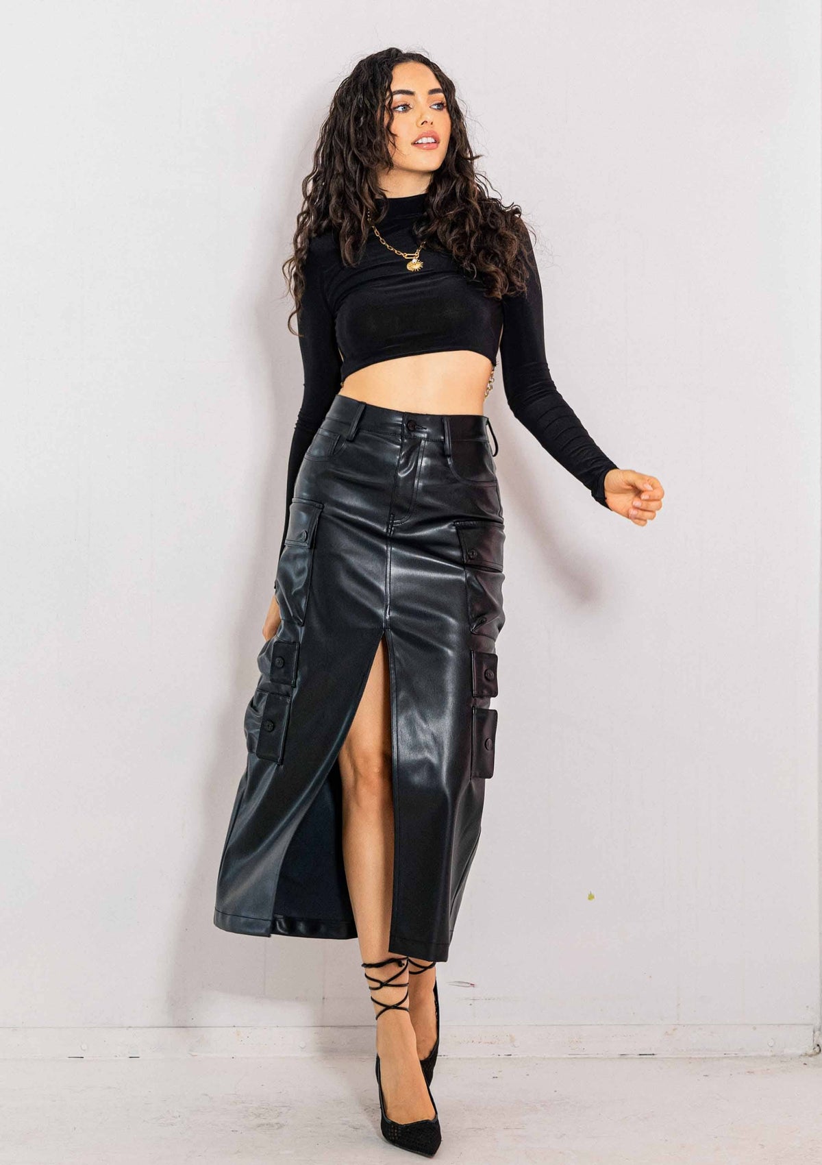 Vegan Leather Cargo Column Skirt