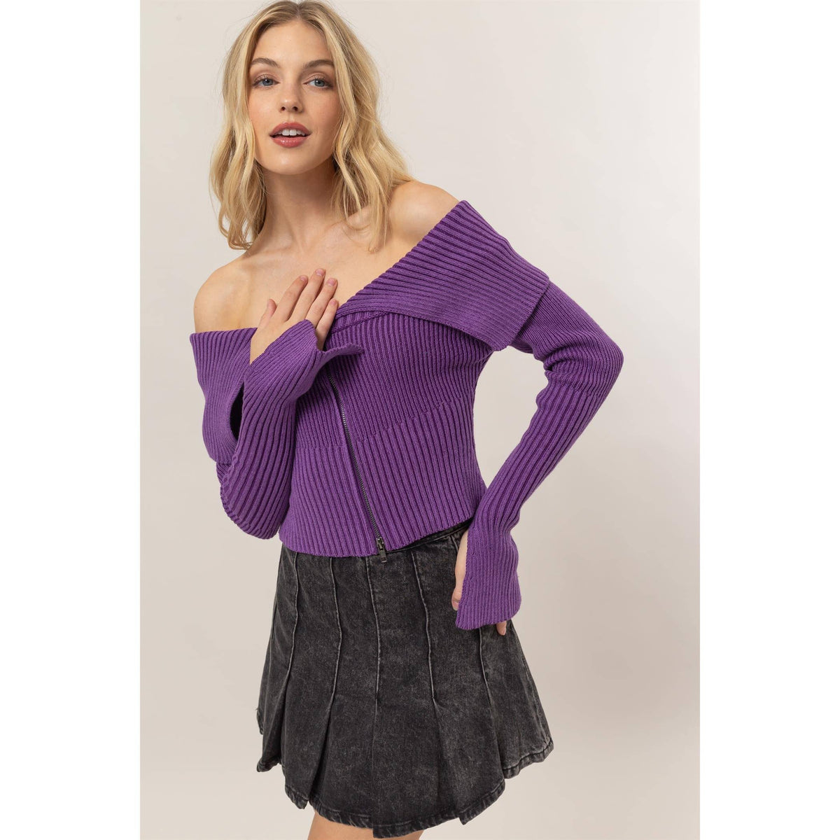 Washed Off Shoulder Zipper Front Sweater Top