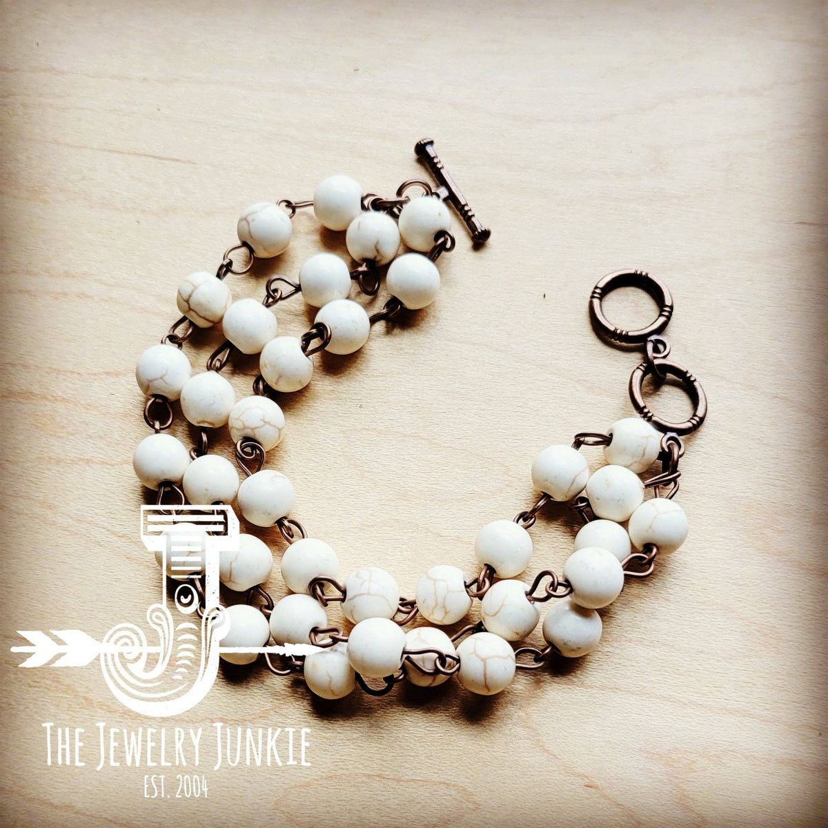 White, Turquoise Triple Strand Bracelet the Jewelry Junkie