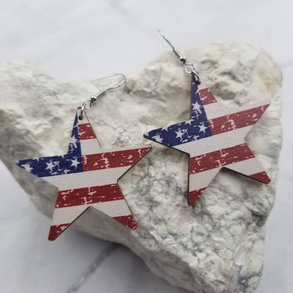 Wood Patriotic Stars Earrings The Pretty Jewellery