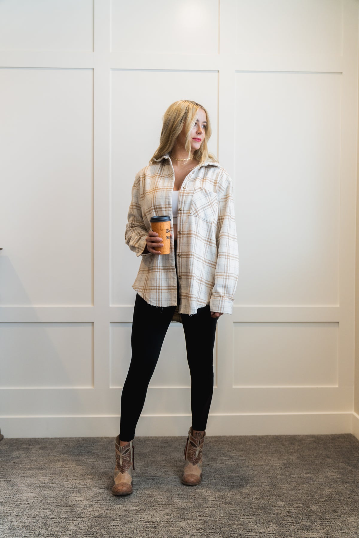 Button Down Fall Winter Plaid Shacket La Miel (Brown)