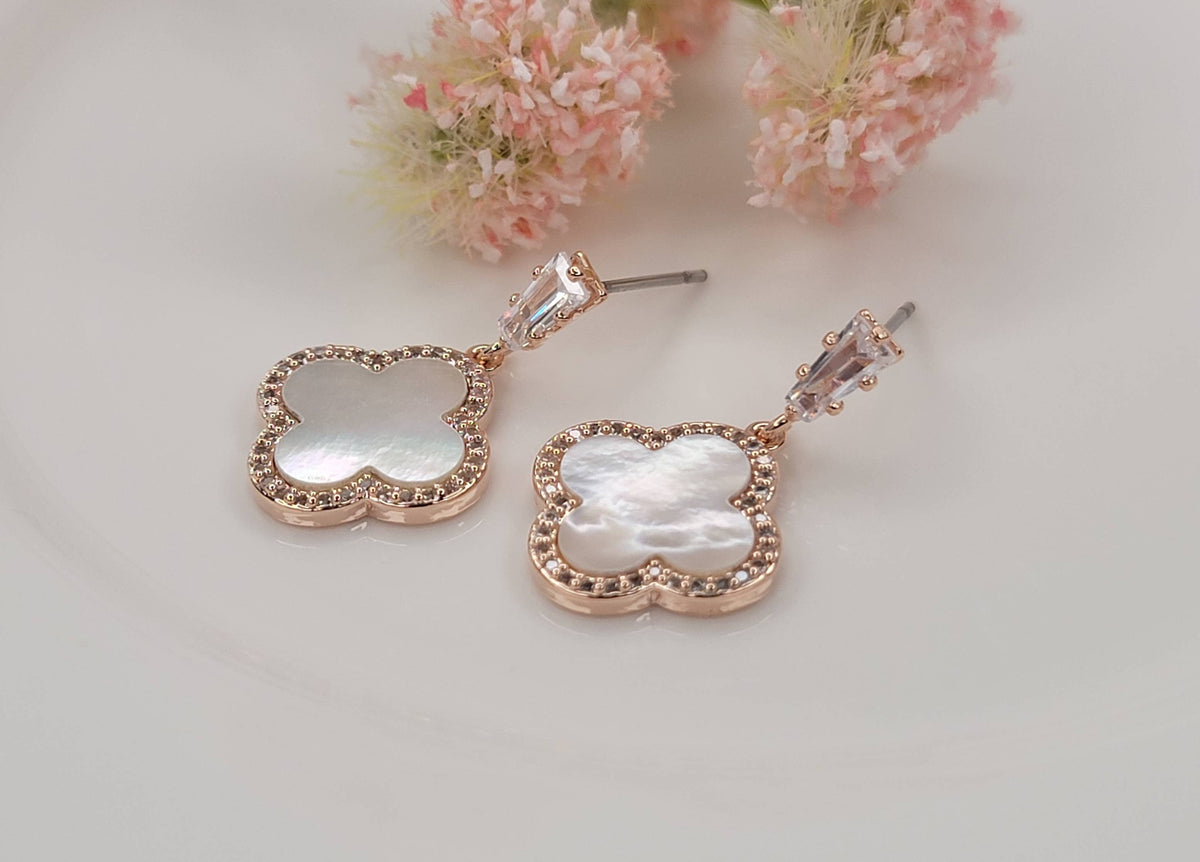 Mother Of Pearl Four Leaf Clover Dangle Earrings Rose Gold Crystal Works by Betty Oh