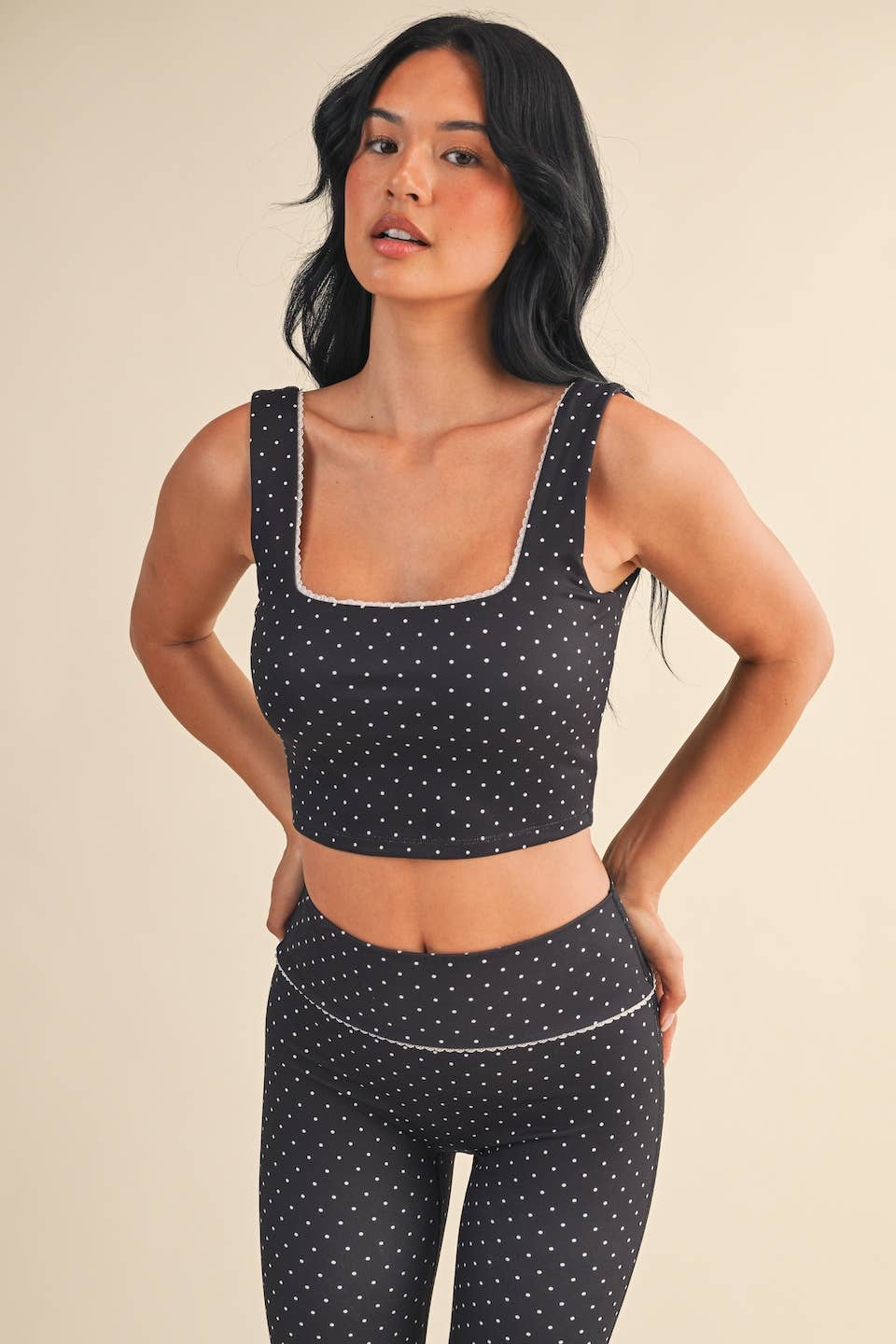 Polka Dot Print Crop Tank with Lace Trim by Kimberly C