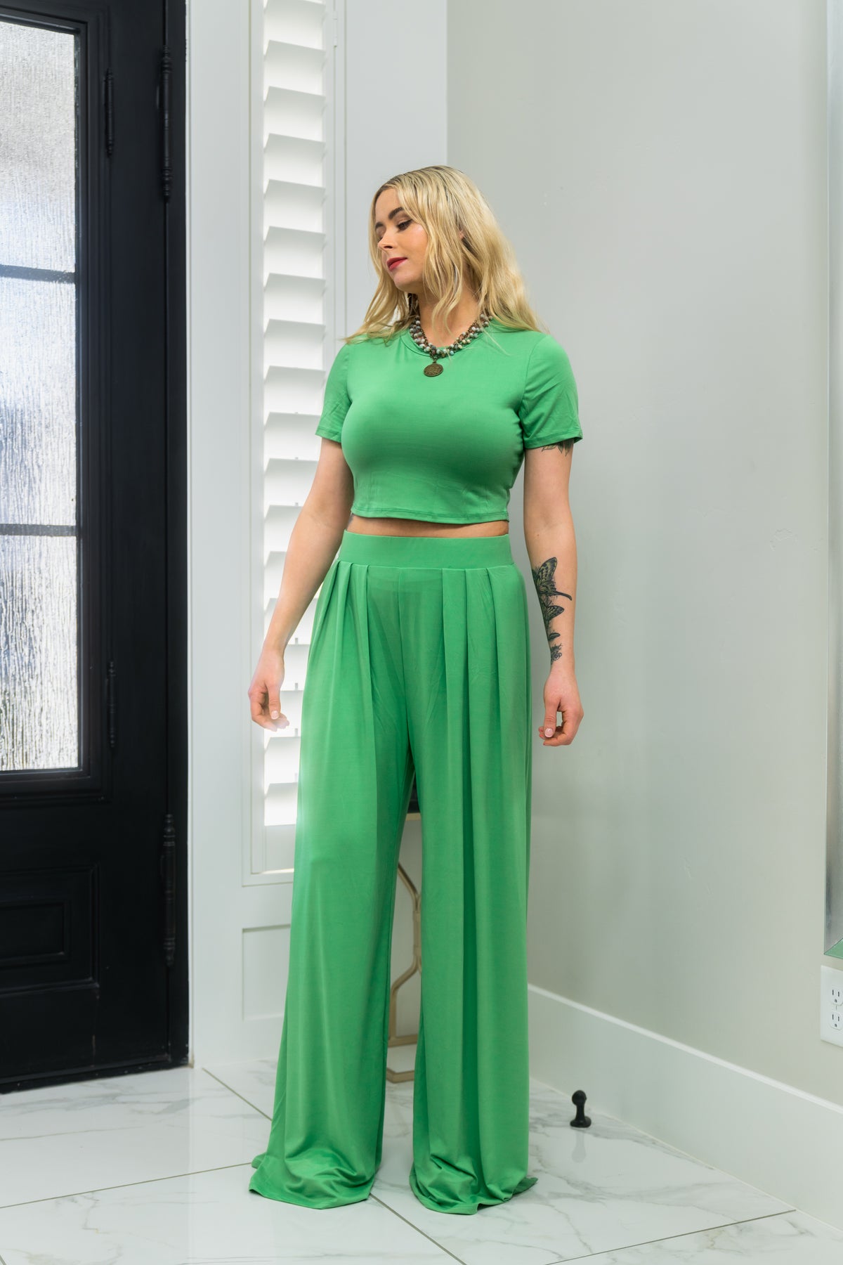 Crop Top and Wide Leg Palazzo Pants Set Faith Apparel (Green)