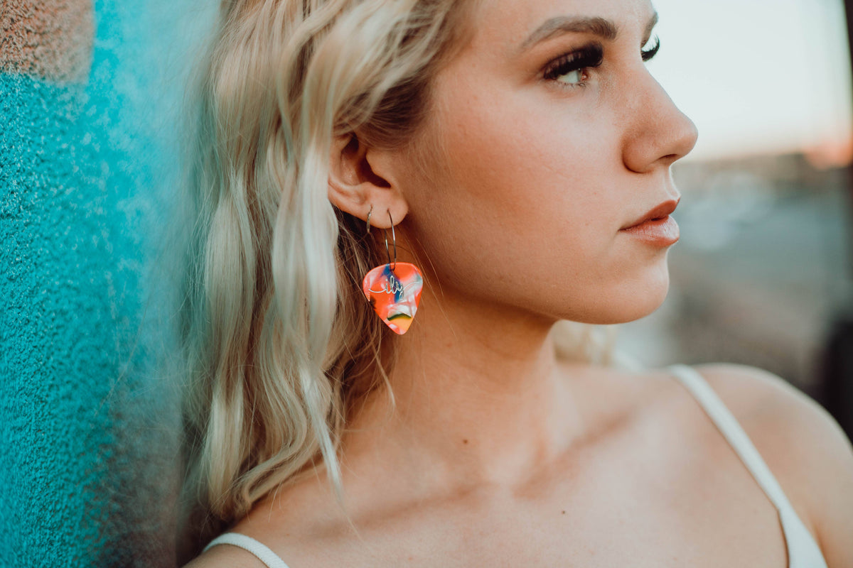 14k Gold Guitar Pick Groupie Love ILY Cosmic Pearl Hoop Earrings Groupie Love (50mm)