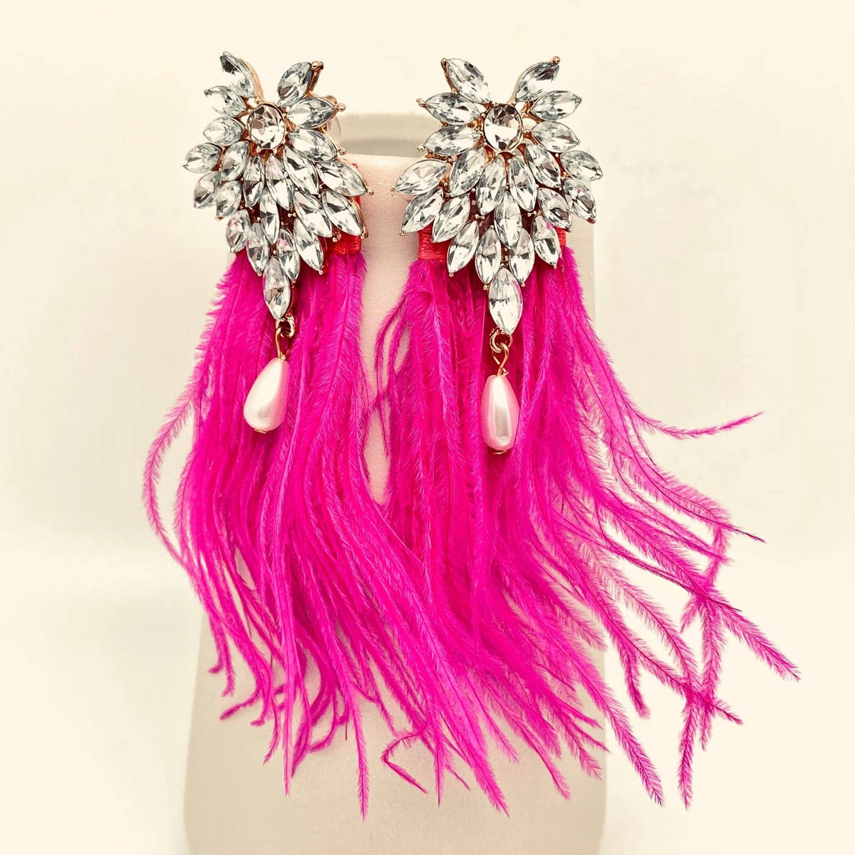 Fuchsia Feather Rhinestone Stud Earrings Mio Queena
