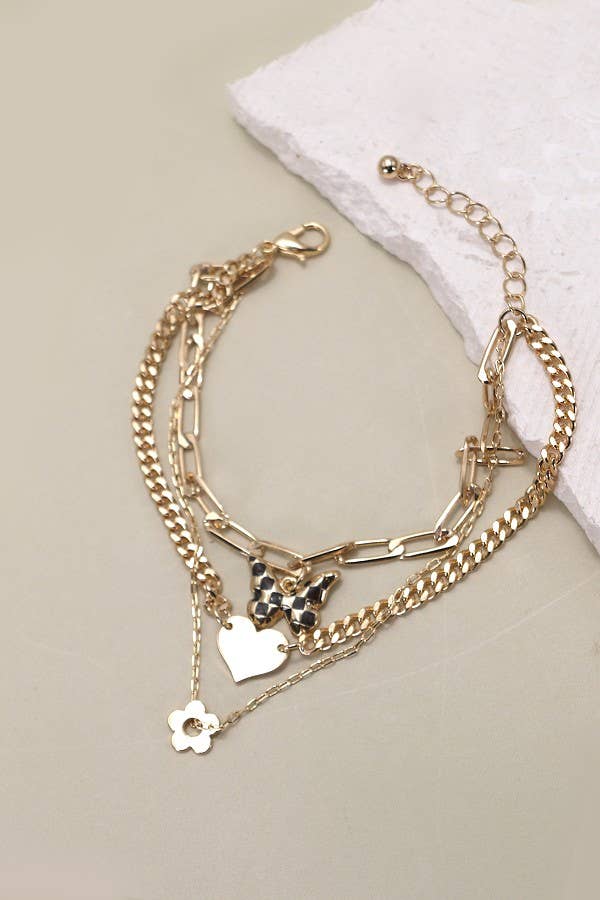 Multi Layer Checker Butterfly Heart Bracelet