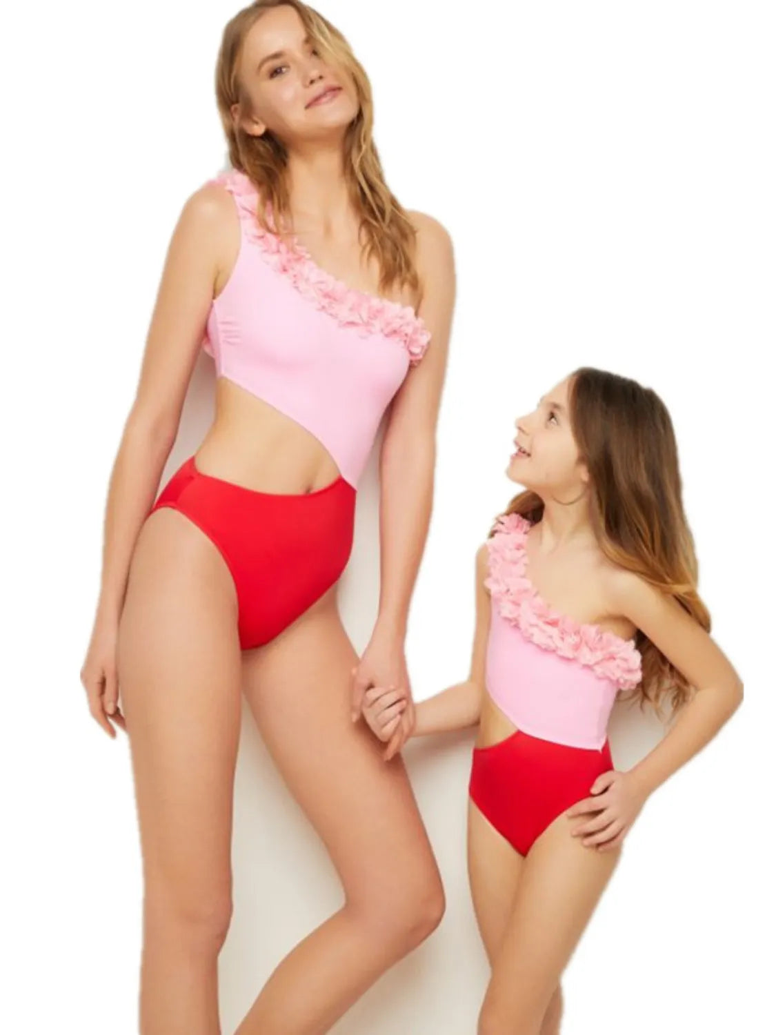 Cutout One Shoulder Contrast Mother and Daughter Swimwear Matching Set