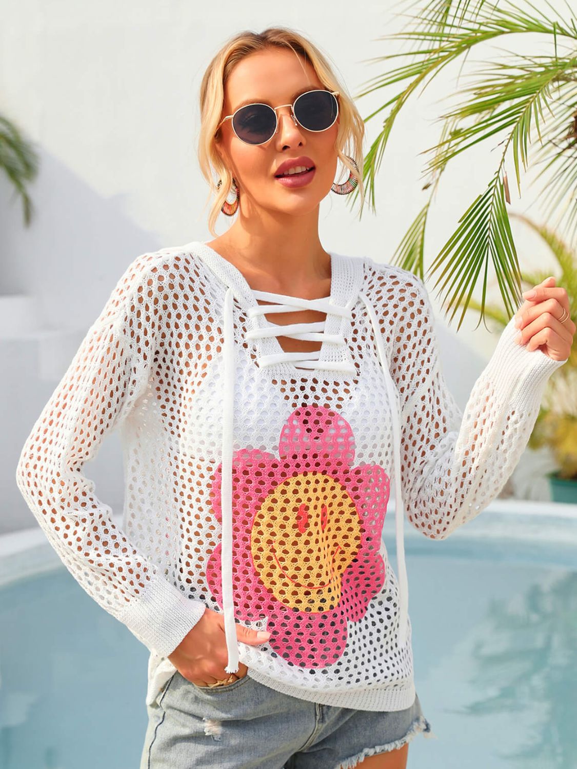 Angel Wings Flower Graphic LaceUp Openwork Hooded Cover Up