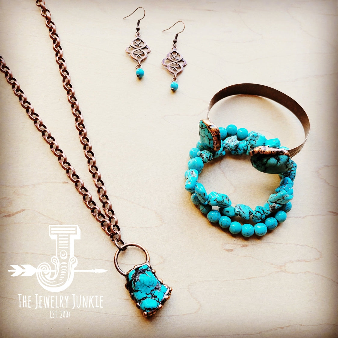 Long Copper Necklace w Turquoise and Copper Pendant by Jewelry Junkie