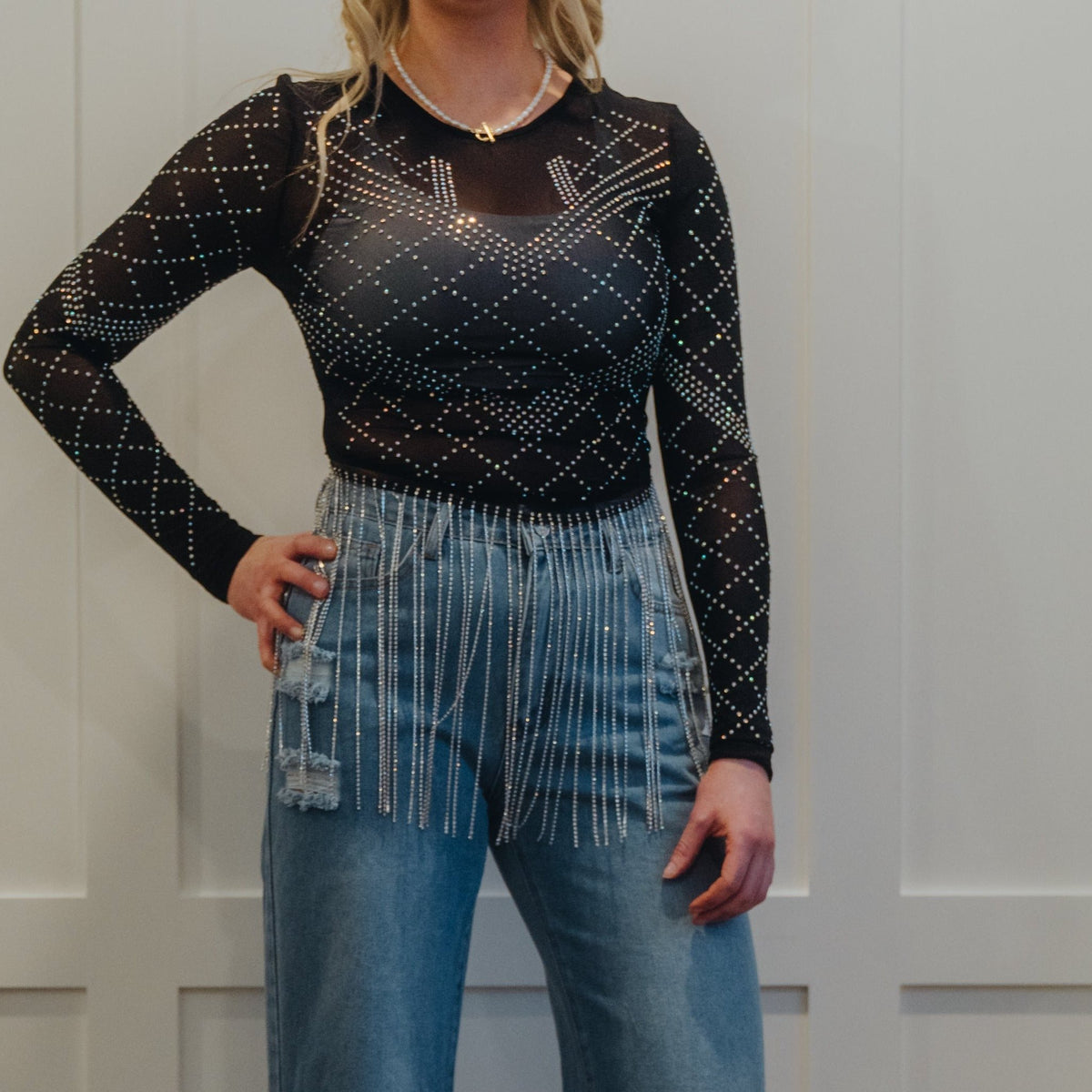 Blusa de manga larga con flecos de diamantes de imitación y malla elástica Mi tienda