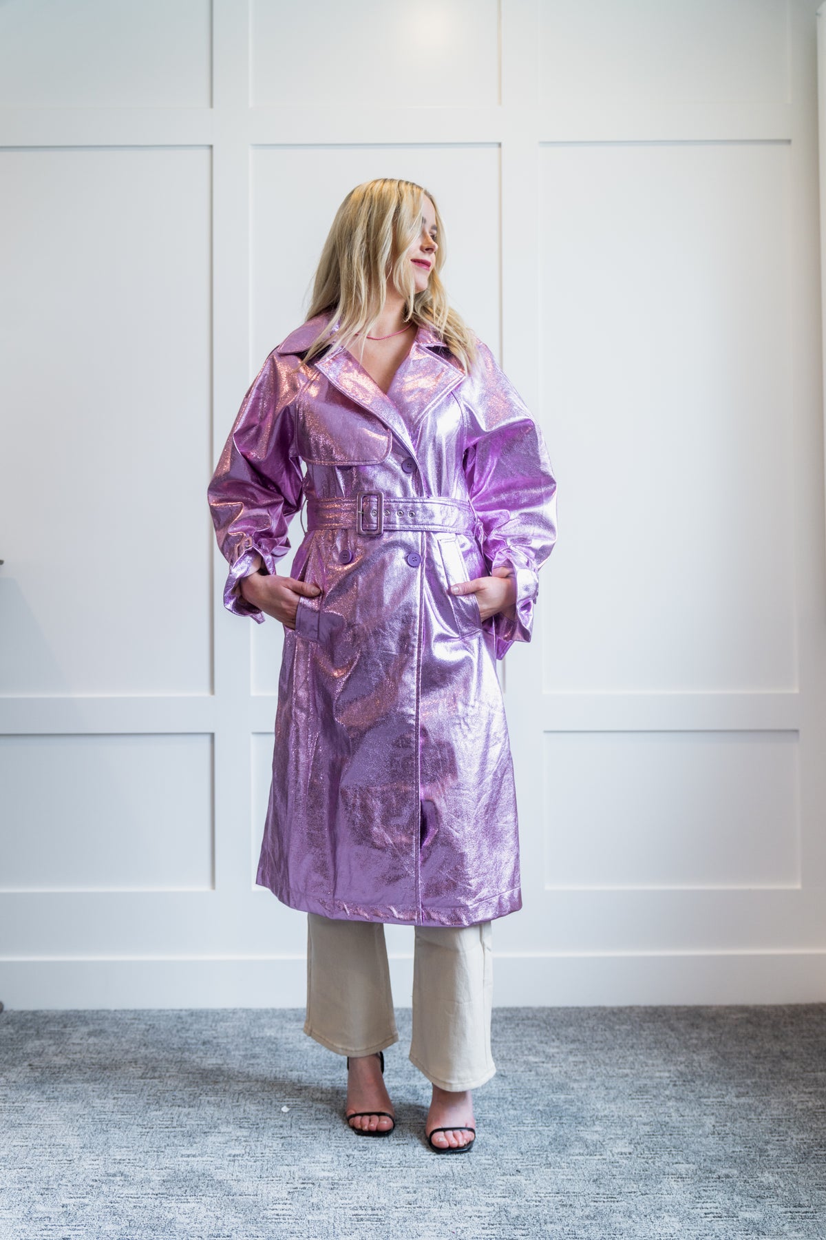 Lorraine Metallic Notch Collar Belted Trench Coat by Hot and Delicious