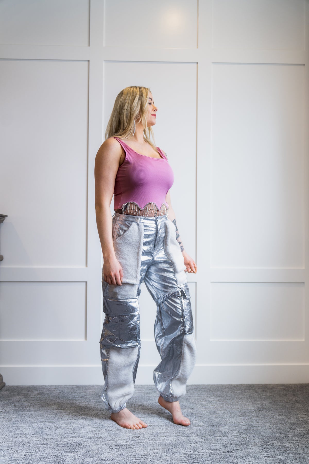 Monica Metallic Faux Leather Sherpa Cargo Pants by Hot and Delicious