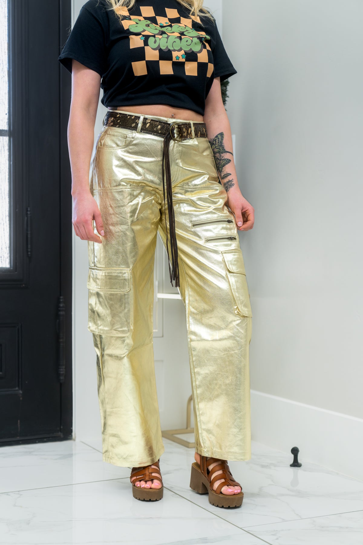 Metallic Wide Leg Cargo Pants Kiwi (Gold)