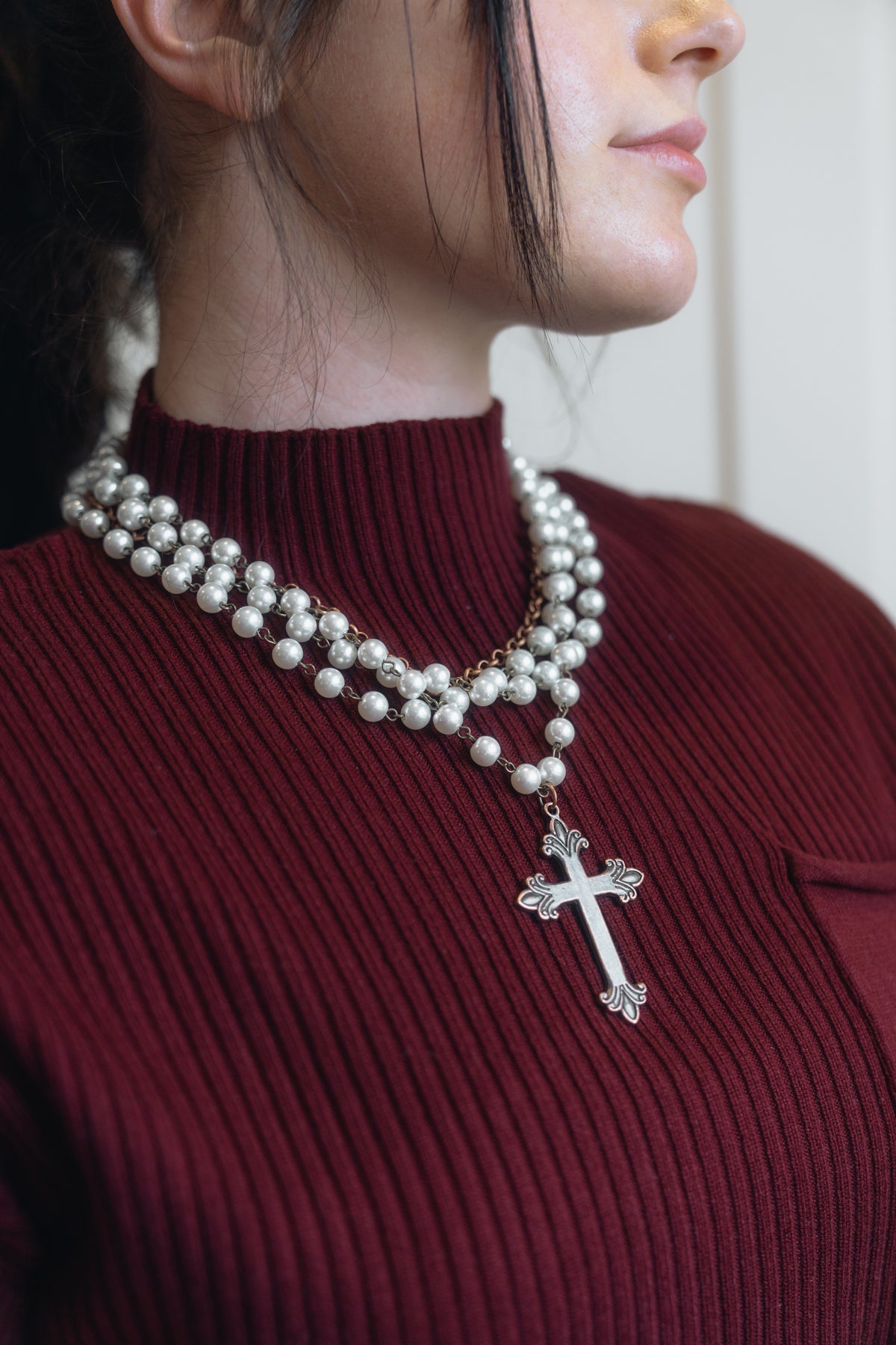 Pearl and Copper Collar Length Necklace Copper Cross
