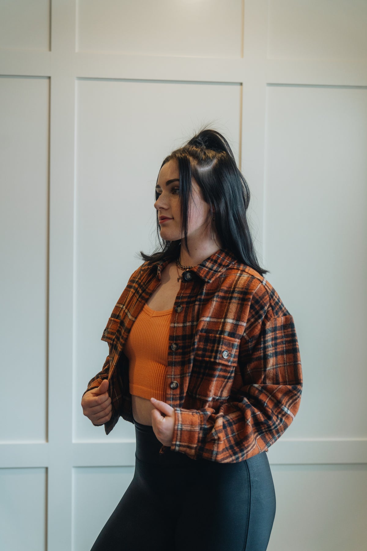 Yarn Dyed Plaid Button Up Crop Shirt Jacket My Store