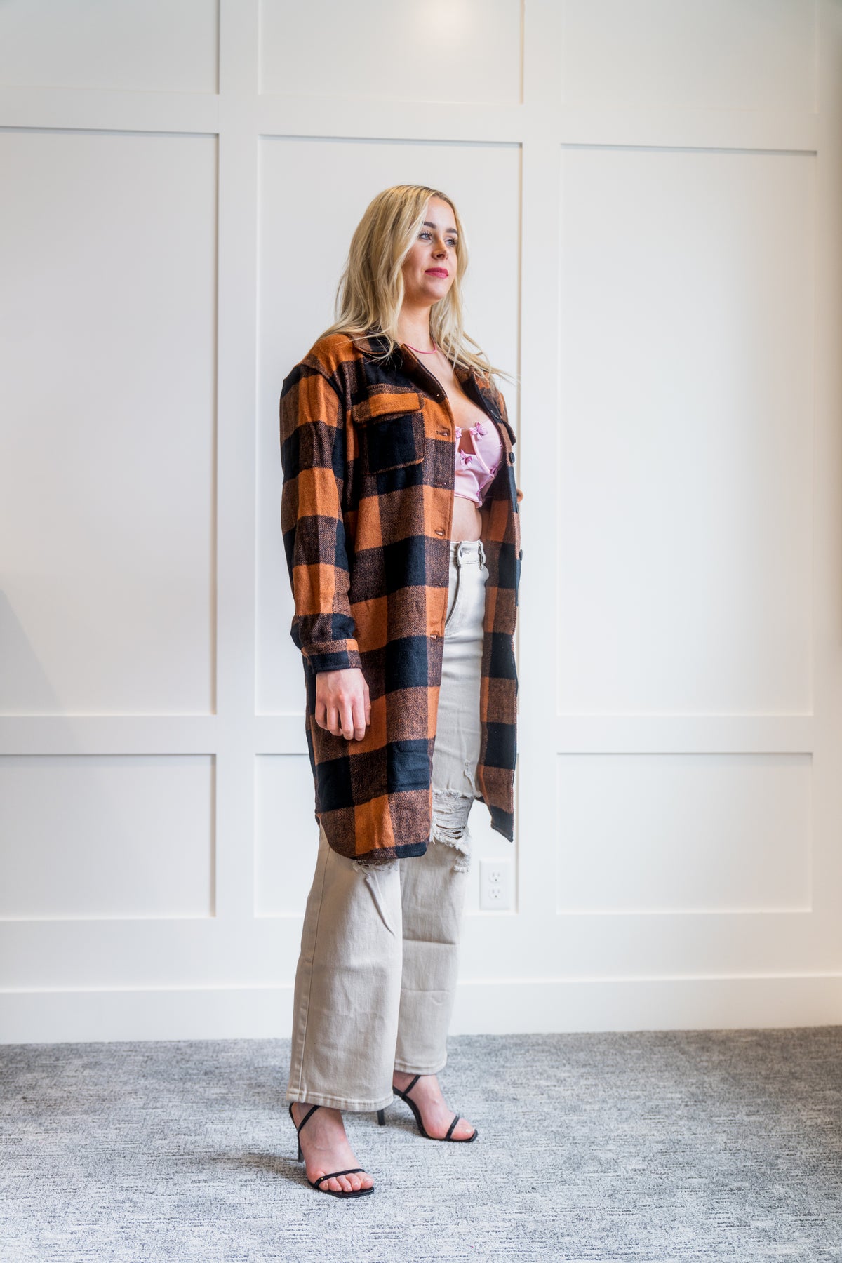 Plaid Flap Pocket Long Shacket by La Miel