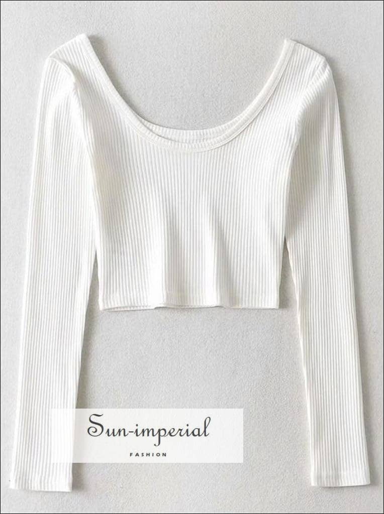 Camiseta corta de canalé con cuello redondo en color negro liso para mujer con estampado de sol bajo Imperial (blanco)