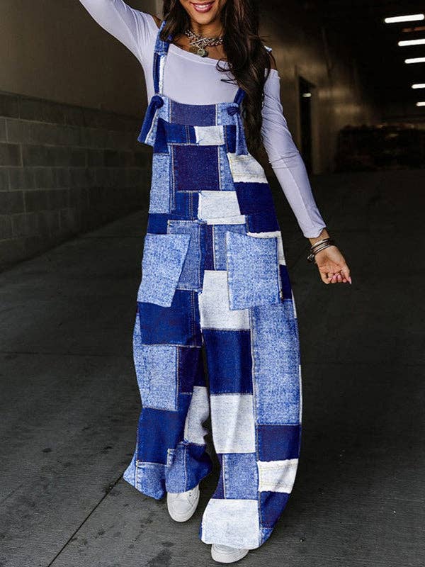 Loose Sleeveless Color Block Knot Pockets Split Joint Jumpsuit Migunica