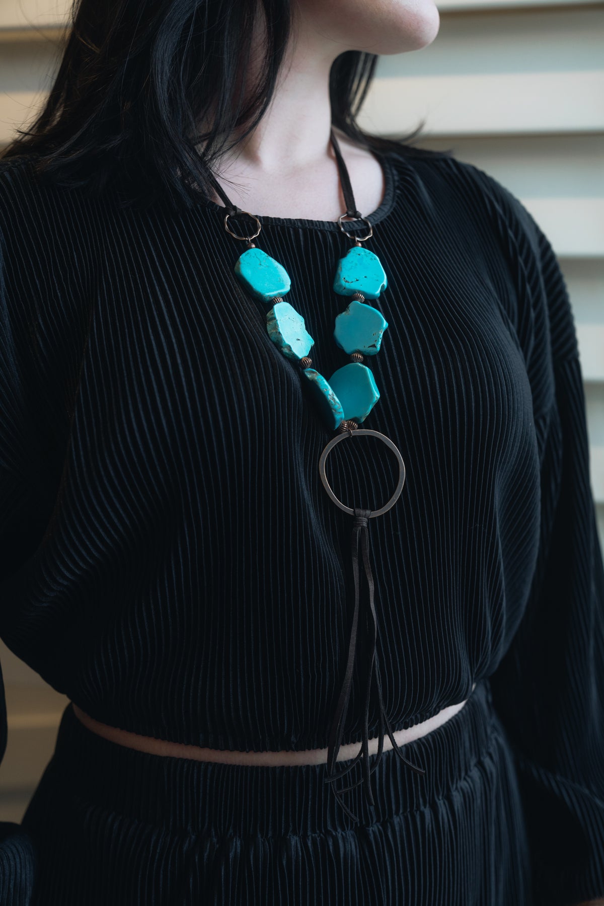 Turquoise Slab Necklace with Genuine Leather Tassel Jewelry Junkie