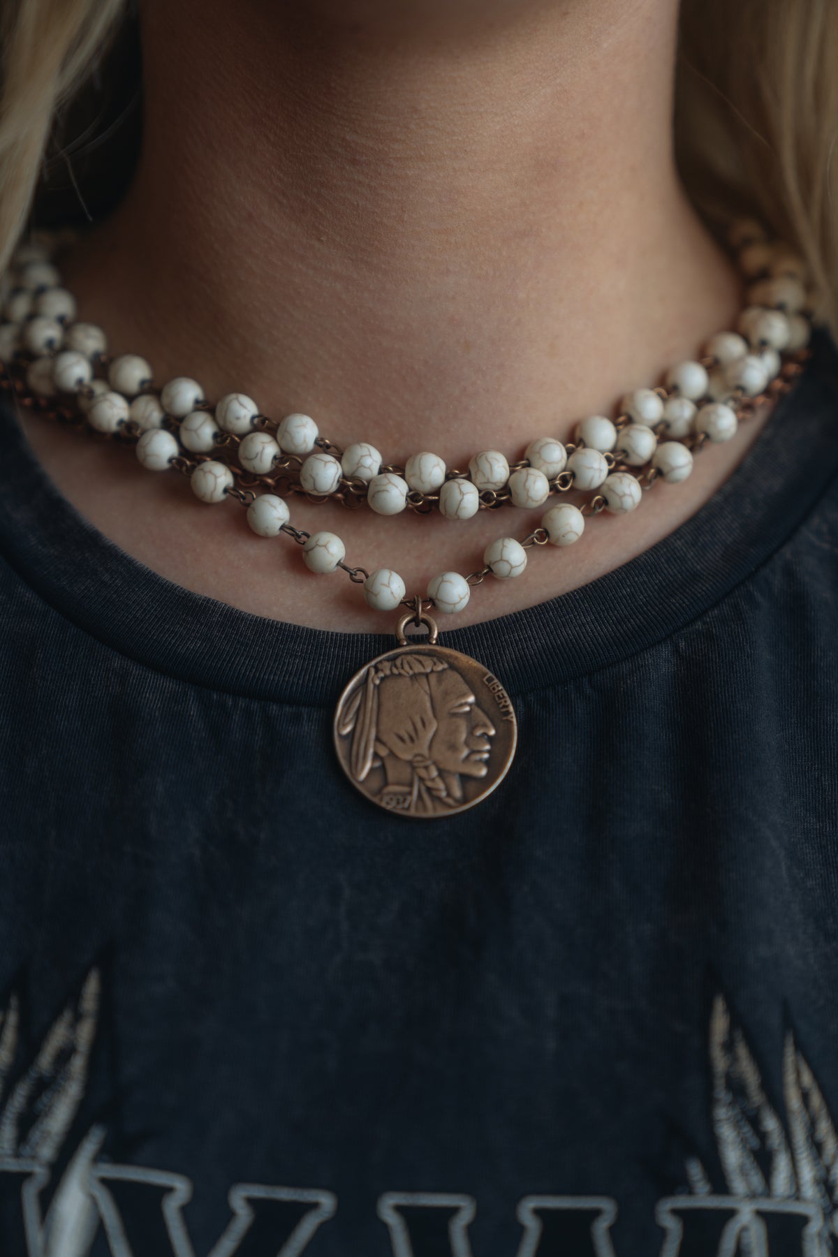 White Turquoise Copper Collar Length Necklace with Coin by Jewelry Junkie
