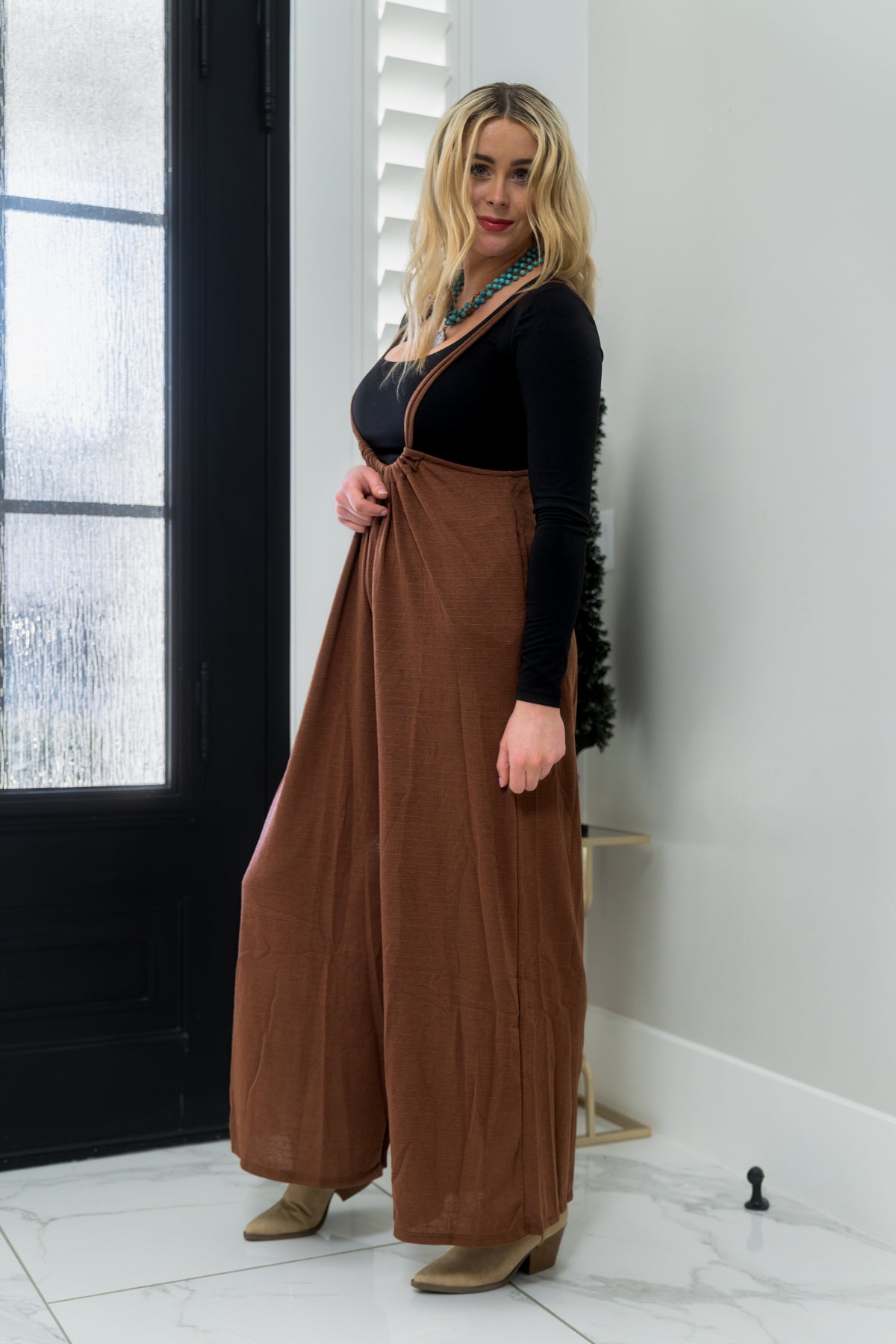 Wide Leg Solid Textured Knit Jumpsuit Pants Bucketlist