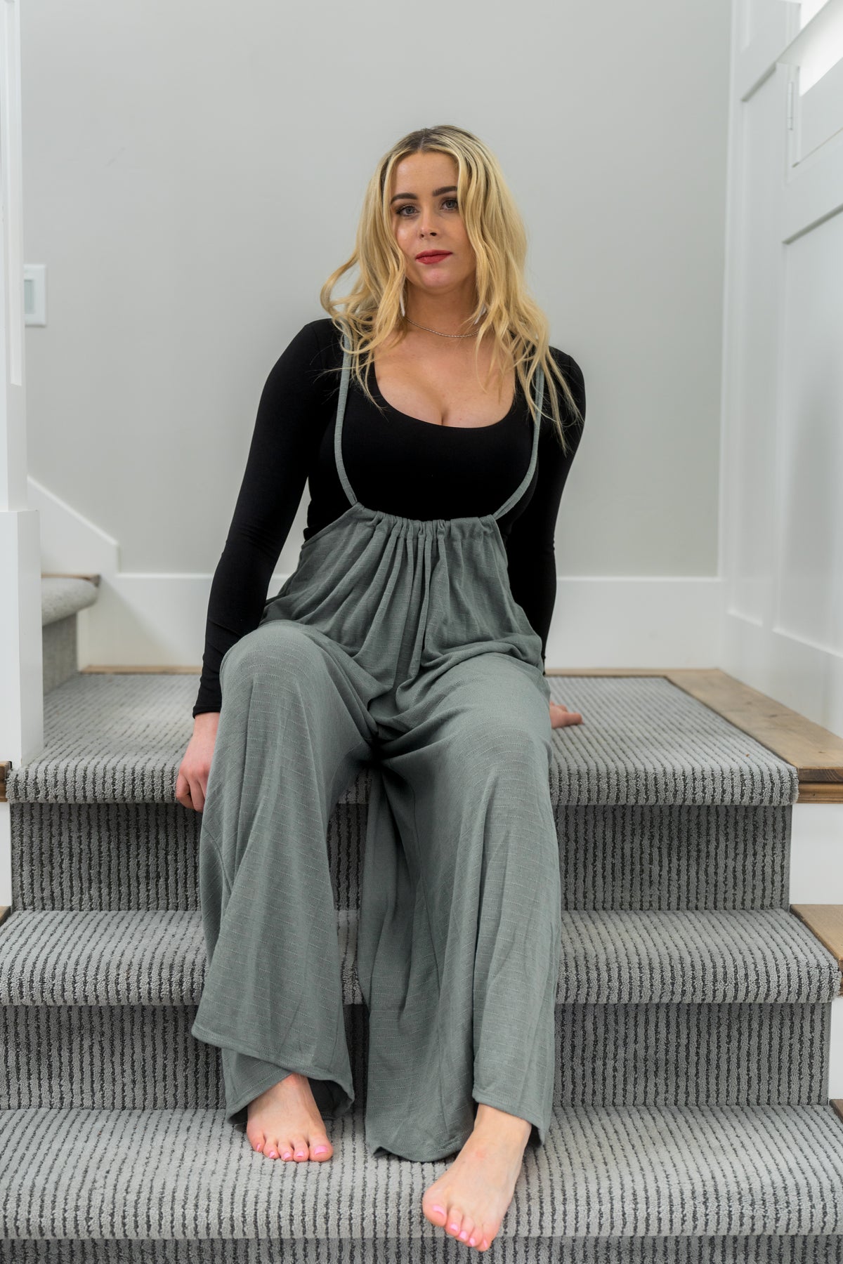 Wide Leg Solid Textured Knit Jumpsuit Pants Bucketlist