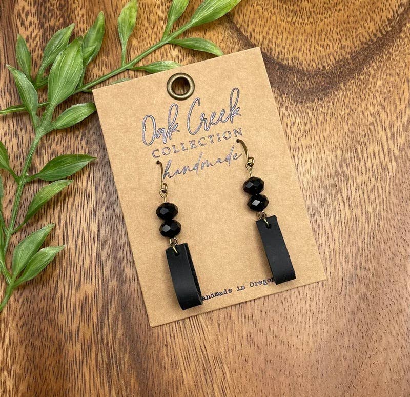 Black Bead w Small Black Leather Loop Earring 1 1/2” Oak Creek Collection Handmade