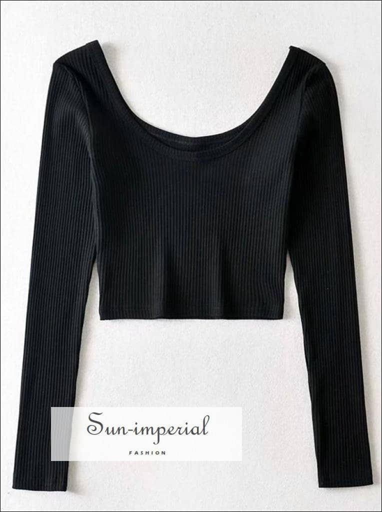 Women Solid Black Scoop Neck Rib Crop TShirt With Low Sun Imperial (Black)